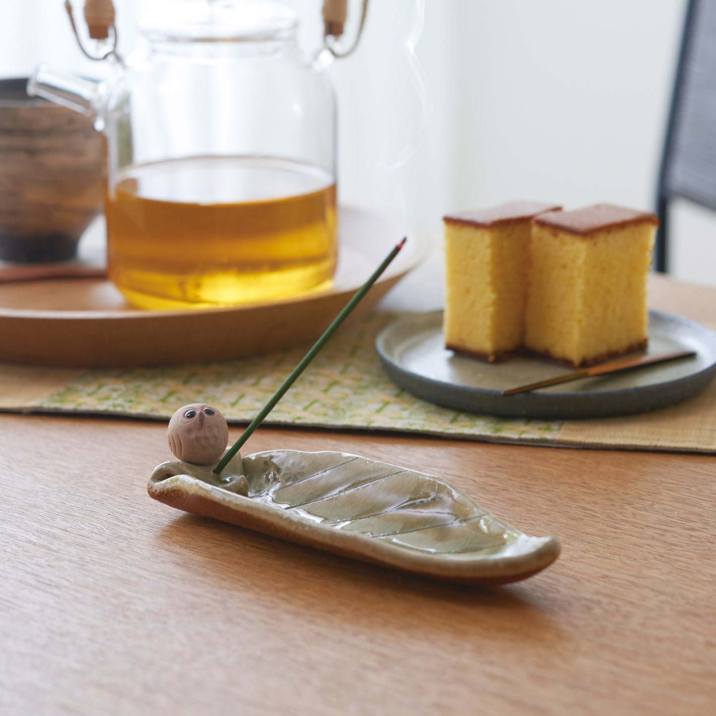 緑葉 ふくろう 香皿 長